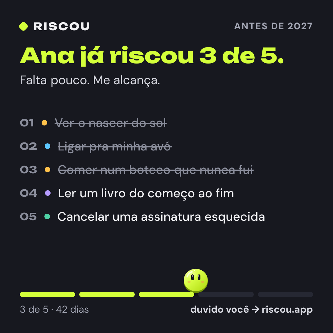 Cartão de exemplo: Ana já riscou 3 de 5, com as cinco quests da lista e o Risquinho em cima da barra de progresso.